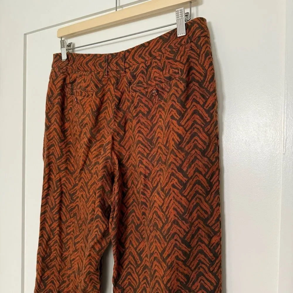 Garnet Hill Pants Womens Sz 8 Orange Rust 100% Linen Chevron Print Wide Leg Boho